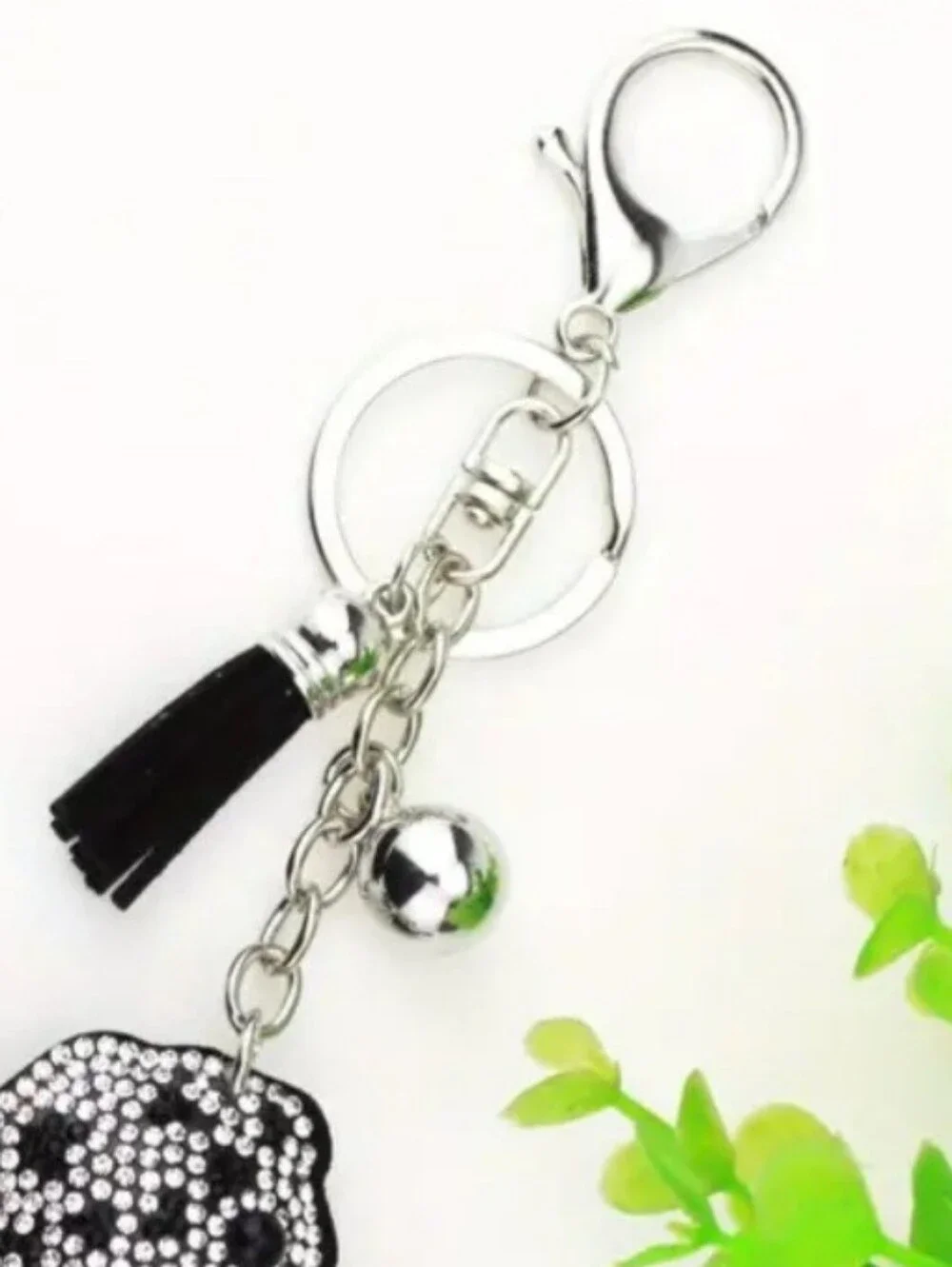 Bling Dog Crystal Rhinestone Keychain Bag Charm With Black Tassel